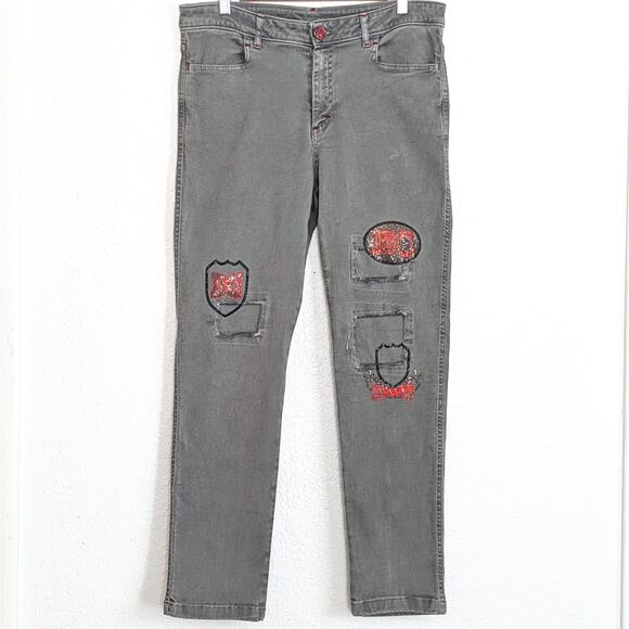 Elisa Cavaletti Pants Embellished Gray Skinny Jeans Crystal Patchwork Womens 12 - Picture 1 of 14